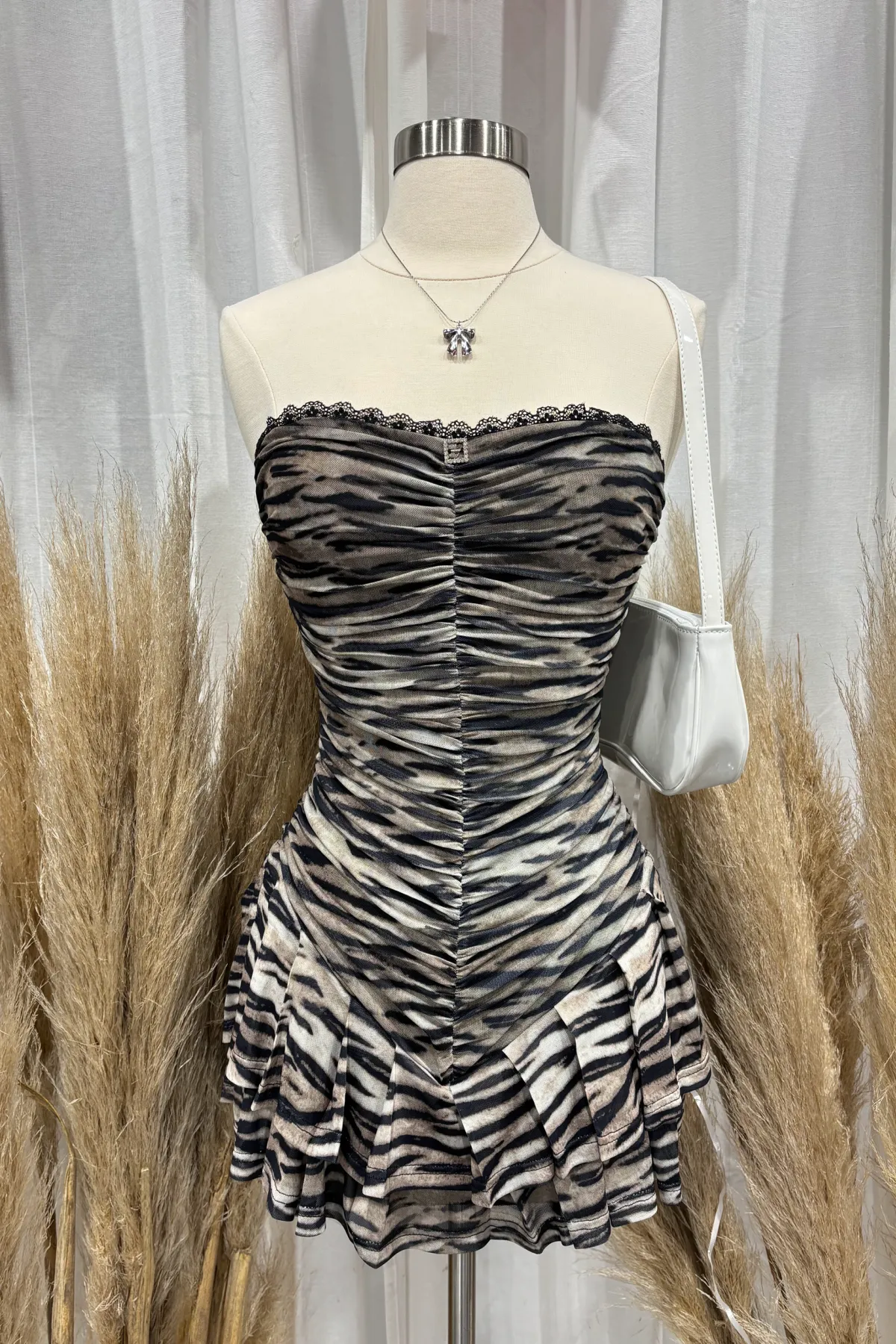 April Mesh Pleated Mini Dress (Brown Multi)