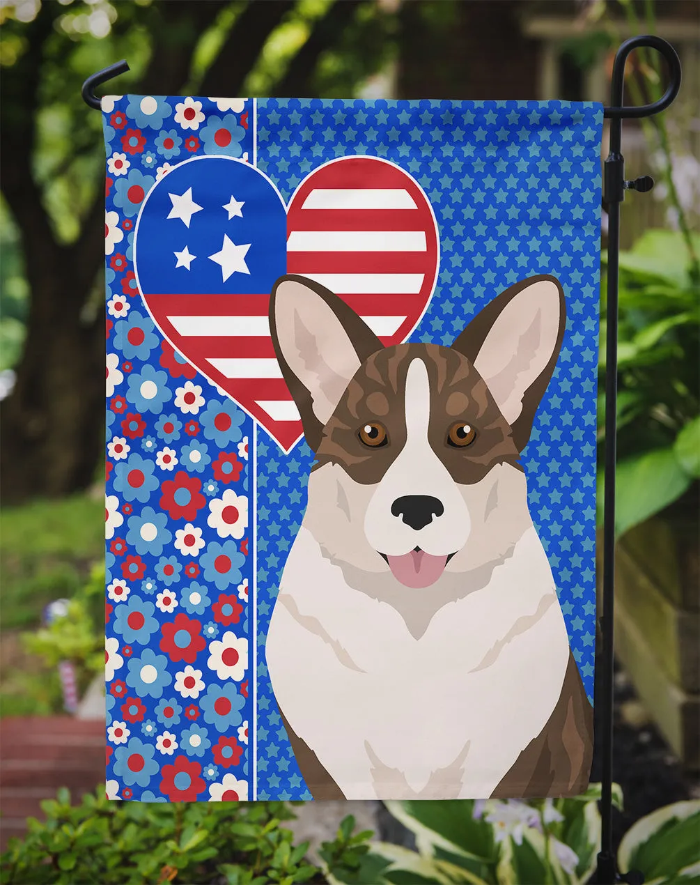 Brindle Cardigan Corgi USA American Flag Garden Size