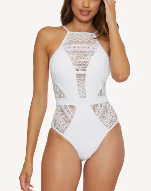 Colour Play Crochet High Neck One Piece Swimsuit