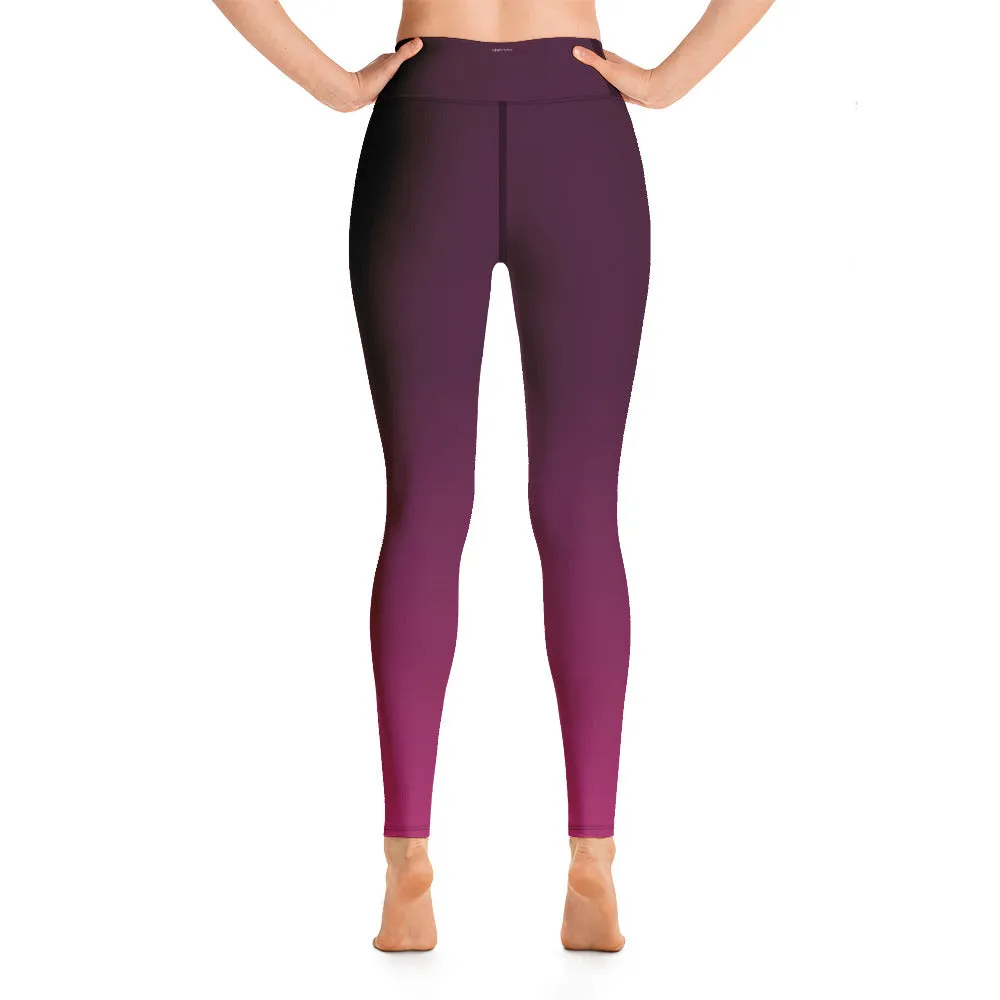 Dark Purple Pink Gradient Yoga Leggings Women, Ombre Tie Dye High Waisted Pants Cute Printed Graphic Workout Running Gym Designer Tights
