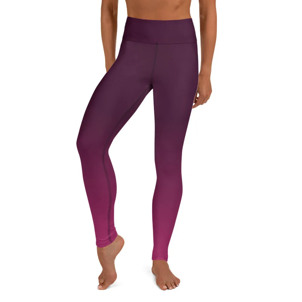 Dark Purple Pink Gradient Yoga Leggings Women, Ombre Tie Dye High Waisted Pants Cute Printed Graphic Workout Running Gym Designer Tights