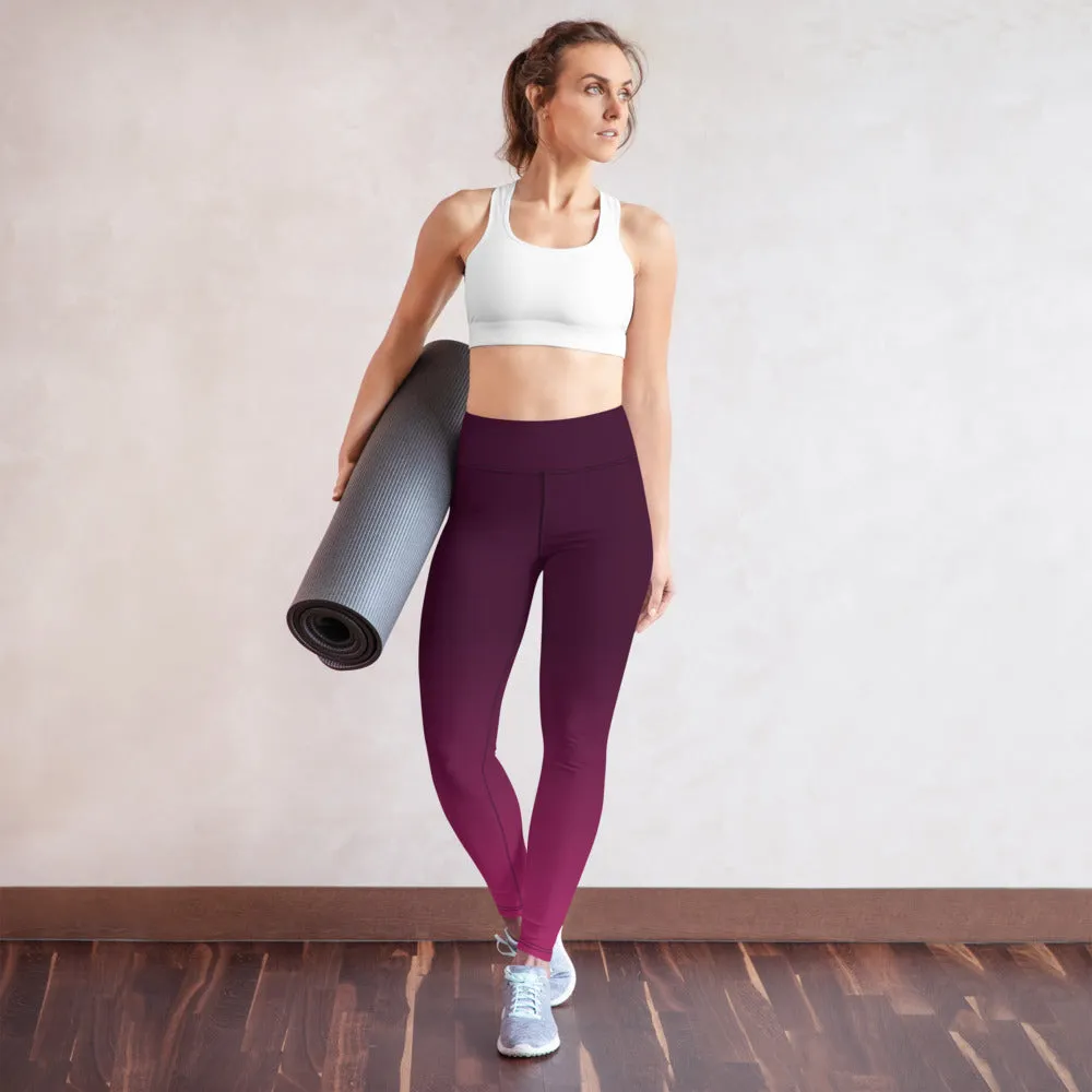 Dark Purple Pink Gradient Yoga Leggings Women, Ombre Tie Dye High Waisted Pants Cute Printed Graphic Workout Running Gym Designer Tights