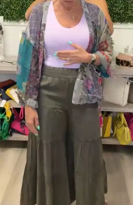 Embroidered Patchwork Tiered Flared Pants