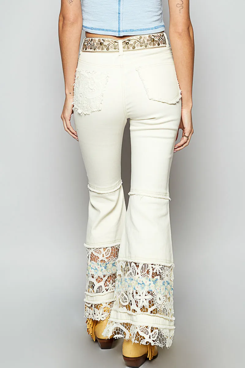 Flared Jeans Pants in Twill with Lace