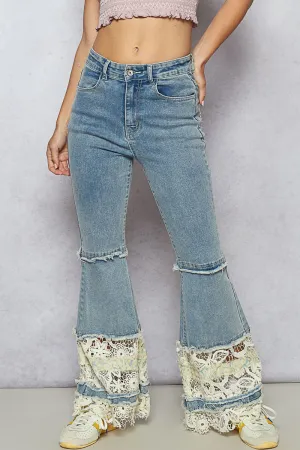 Flared Jeans Pants in Twill with Lace