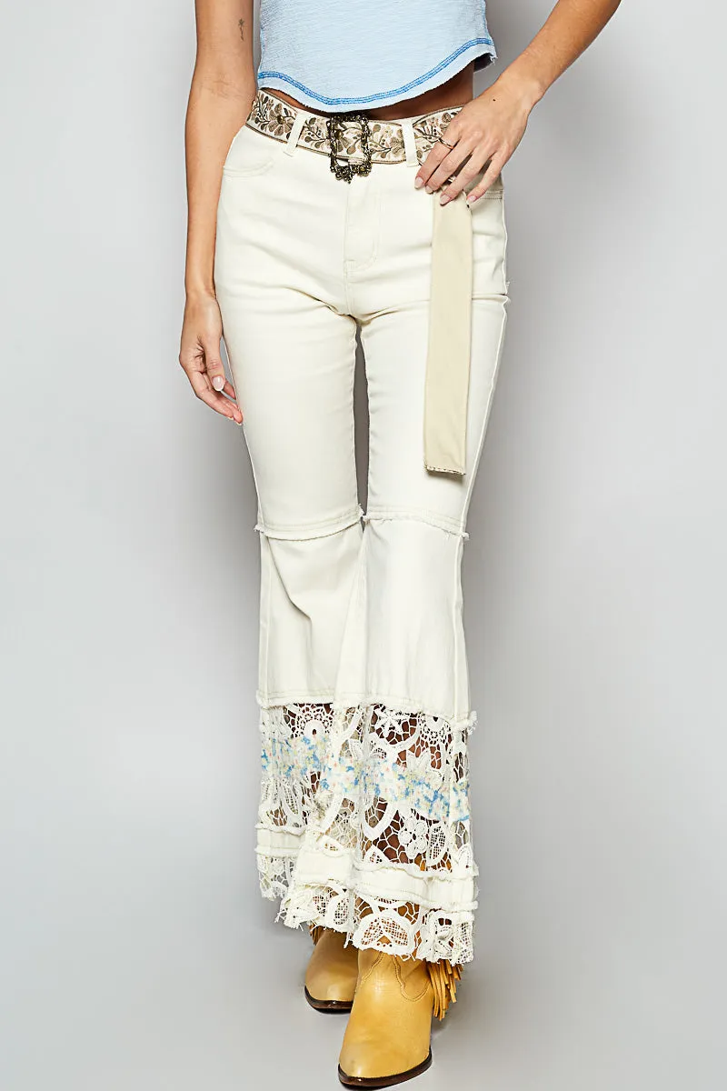 Flared Jeans Pants in Twill with Lace