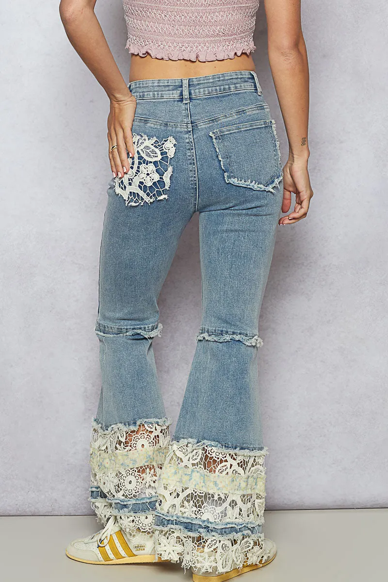 Flared Jeans Pants in Twill with Lace