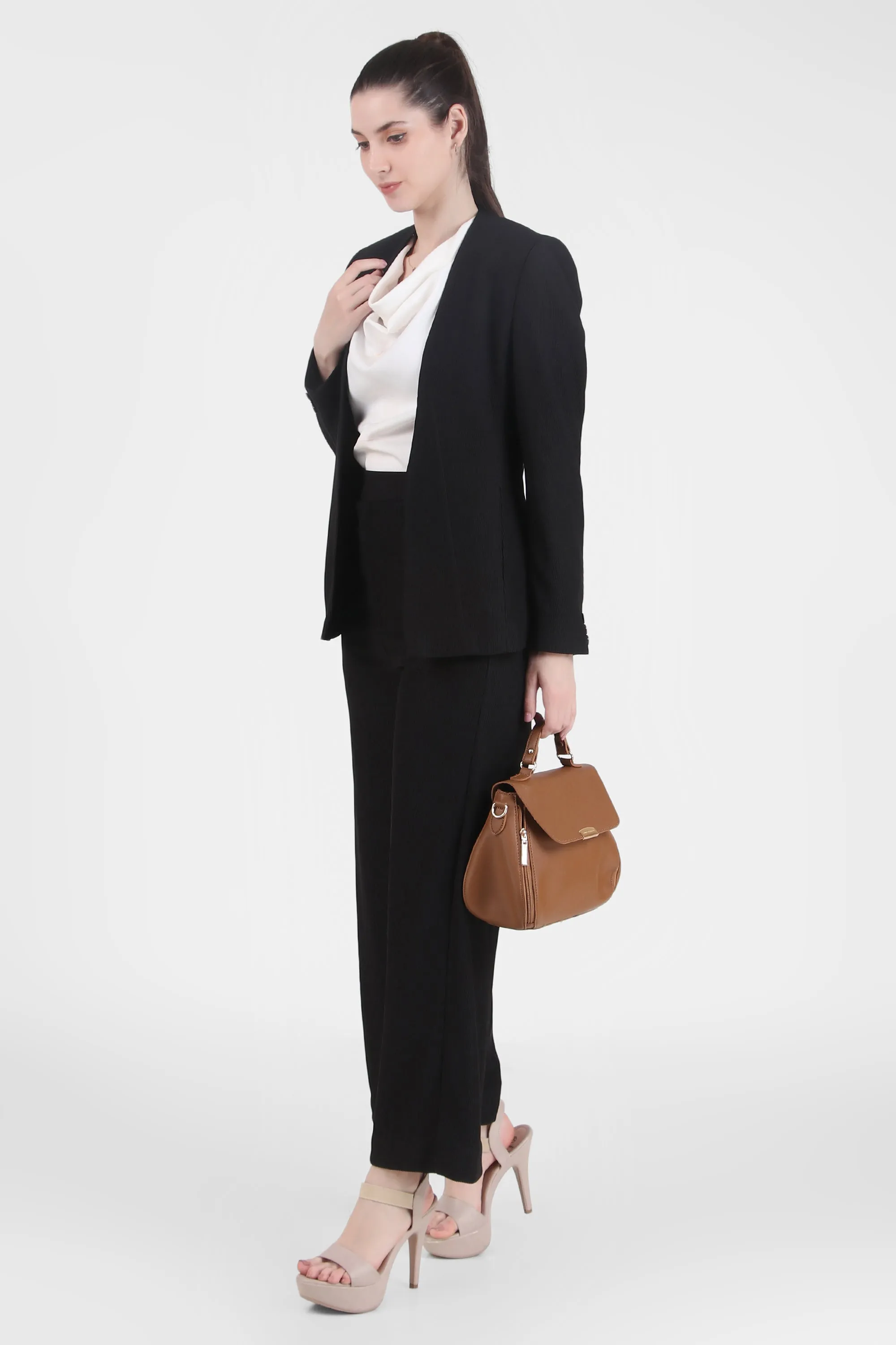 Front Open Style Cord Crepe Blazer, Black