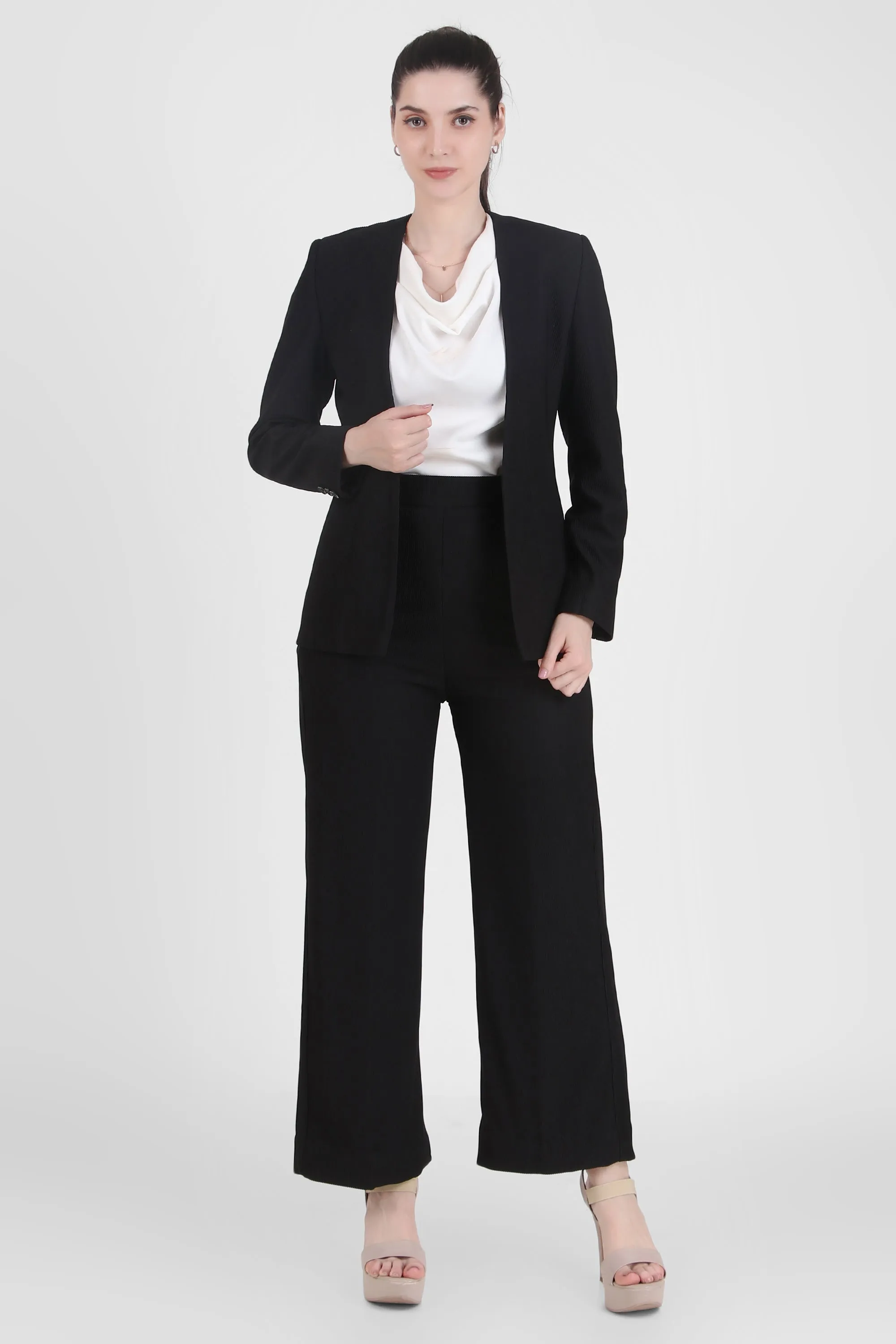 Front Open Style Cord Crepe Blazer, Black
