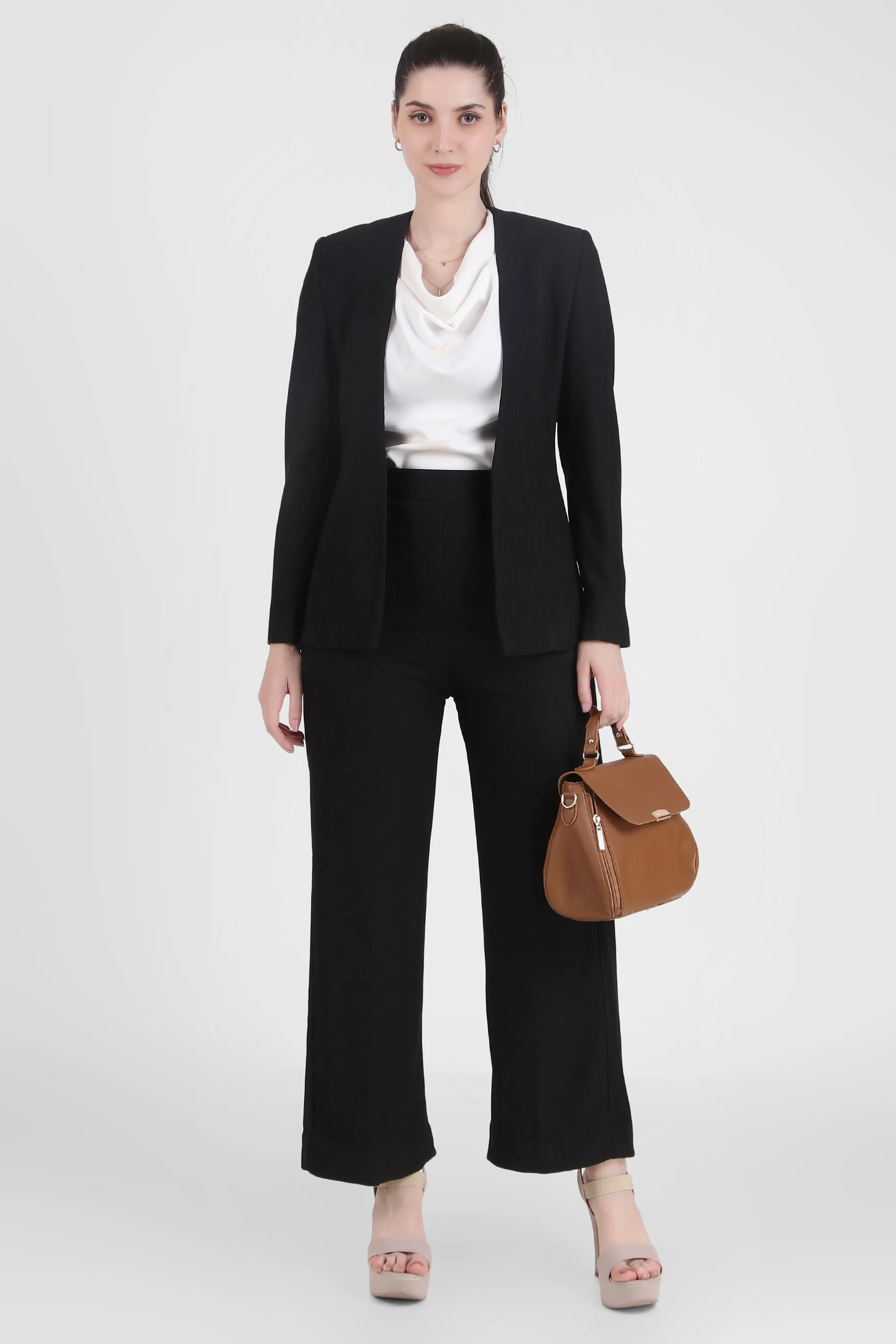 Front Open Style Cord Crepe Blazer, Black