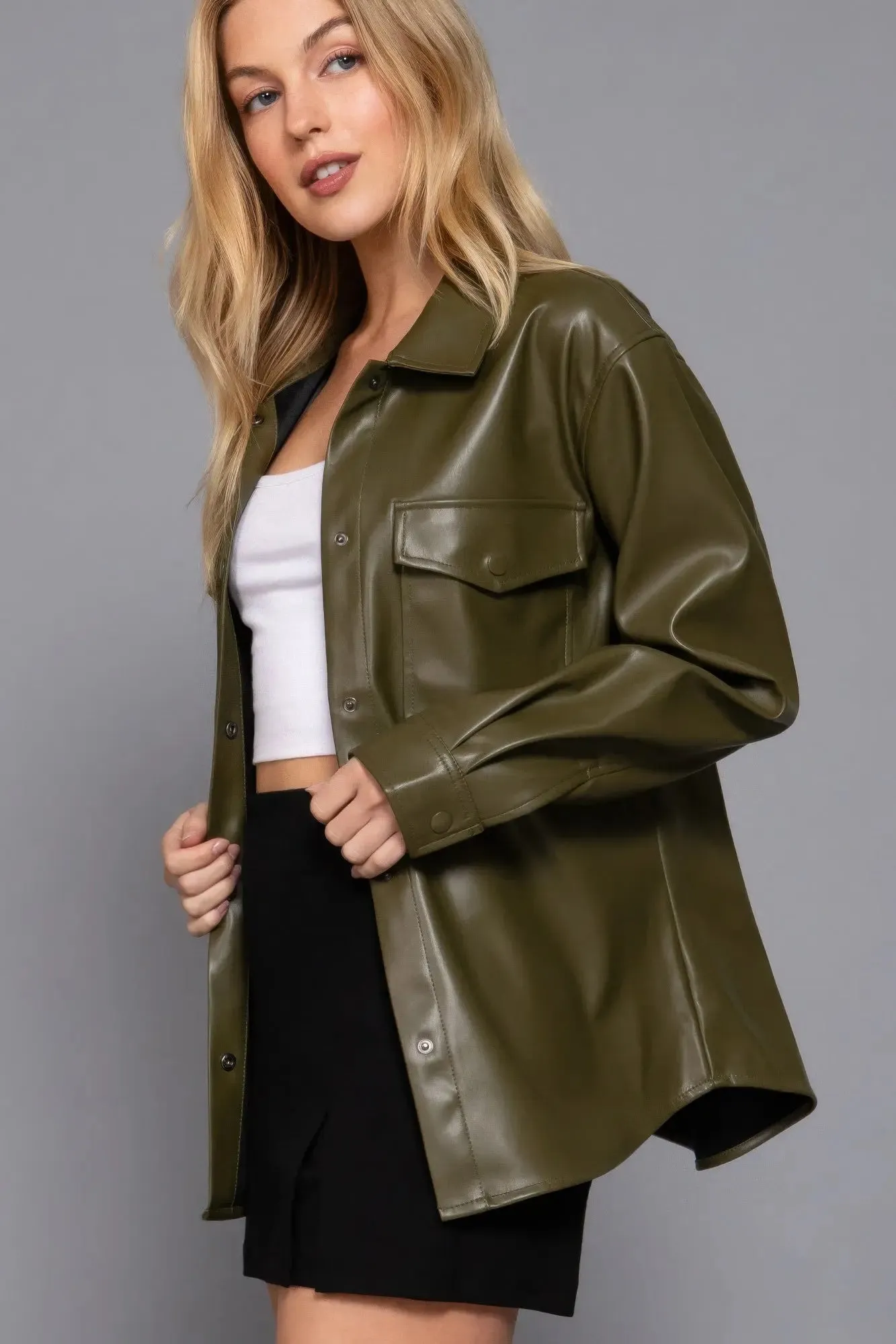 Long Sleeve Faux Leather Shacket – Olive Layering Essential | Fashion M&J