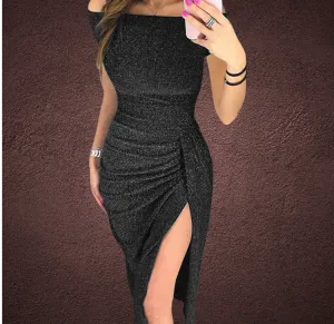 Melissa Black Glitter Off the Shoulder Slit Dress