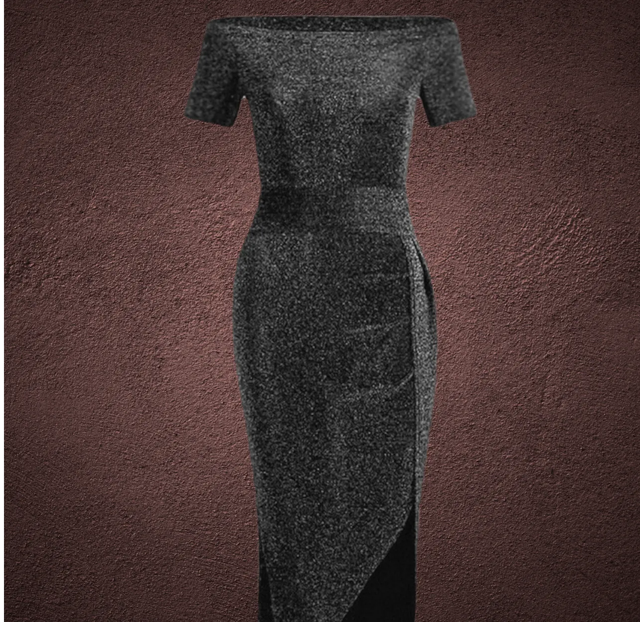 Melissa Black Glitter Off the Shoulder Slit Dress