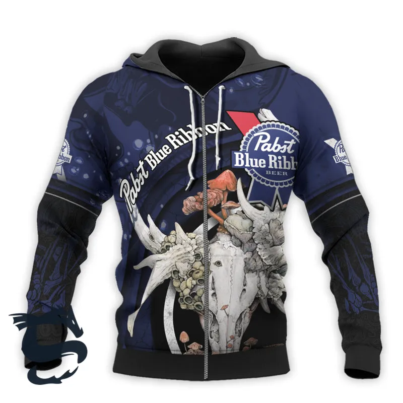 Personalized Pabst Blue Ribbon Deer Skull With Mushrooms Hoodie & Zip Hoodie
