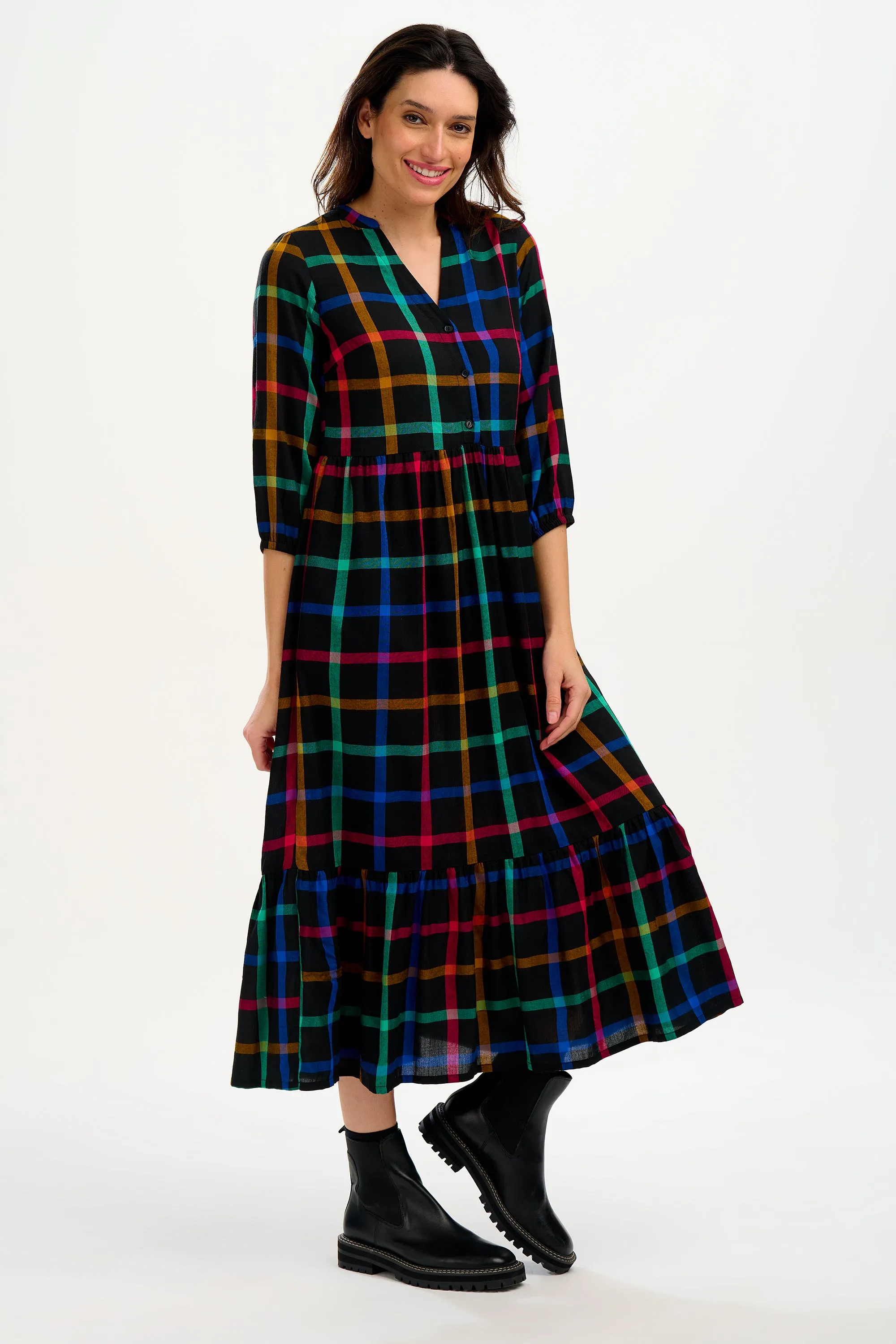 Uri Midi Dress - Rainbow Check Black