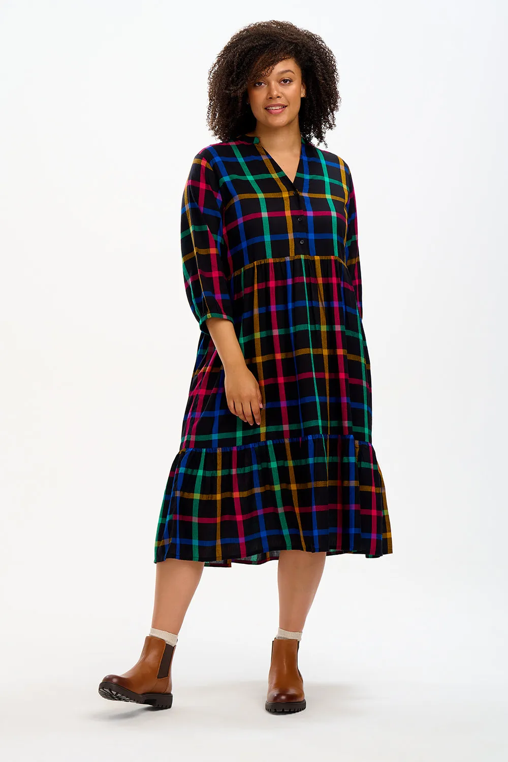Uri Midi Dress - Rainbow Check Black